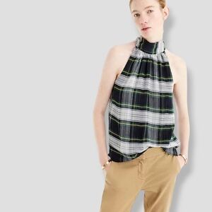 NWT J. CREW Tartan Plaid Keyhole Back Halter Blouse Navy